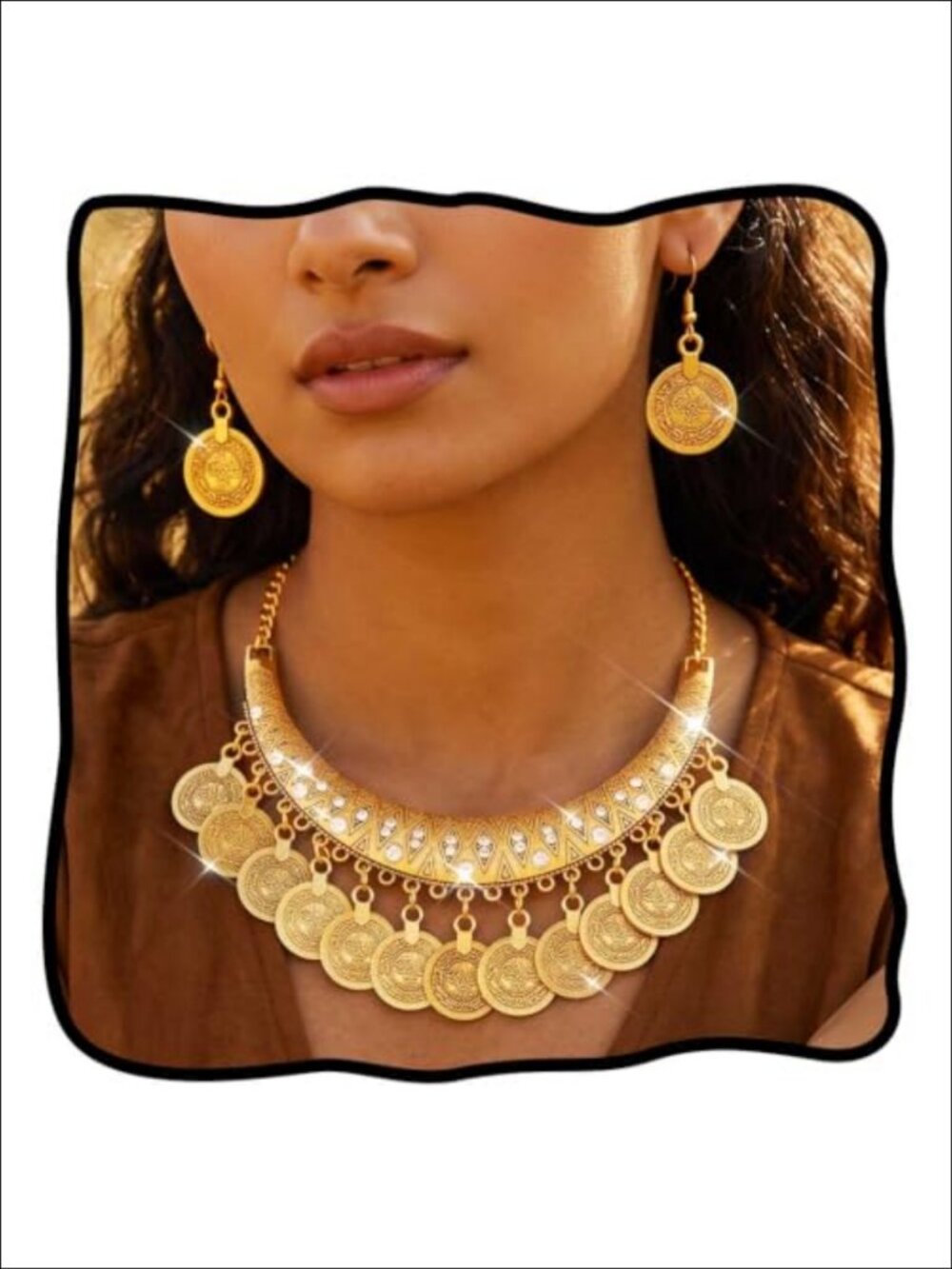 Gold Egyptian Coin Tassel Necklace Earrings Jewelry Set for Women